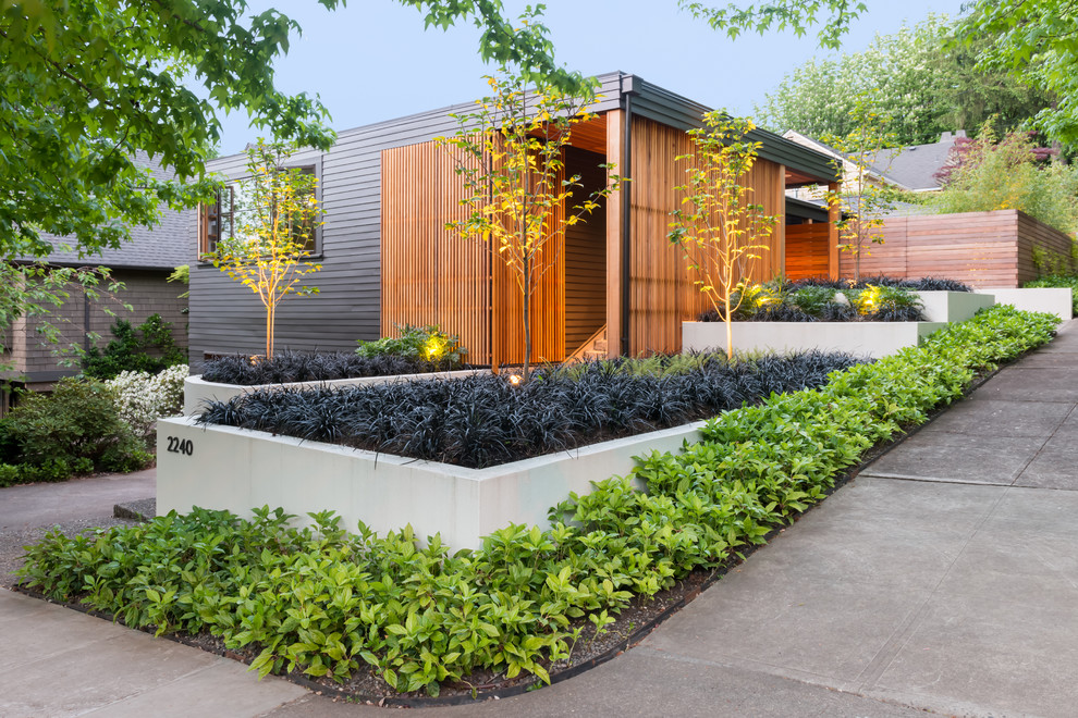 Zweistöckige, Mittelgroße Moderne Holzfassade Haus mit Flachdach in Portland