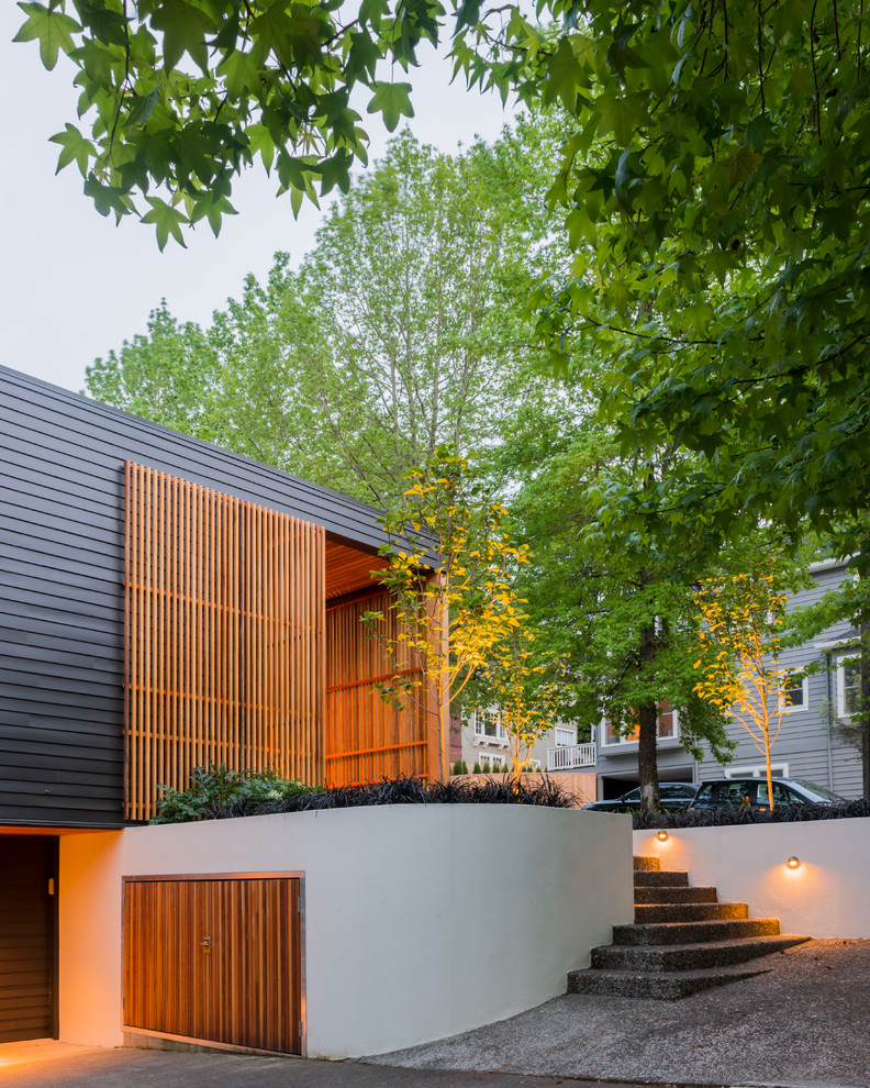 Источник вдохновения для домашнего уюта: двухэтажный, деревянный, серый дом в современном стиле с плоской крышей