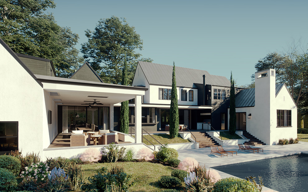 Стильный дизайн: двухэтажный, кирпичный частный загородный дом с двускатной крышей и металлической крышей - последний тренд