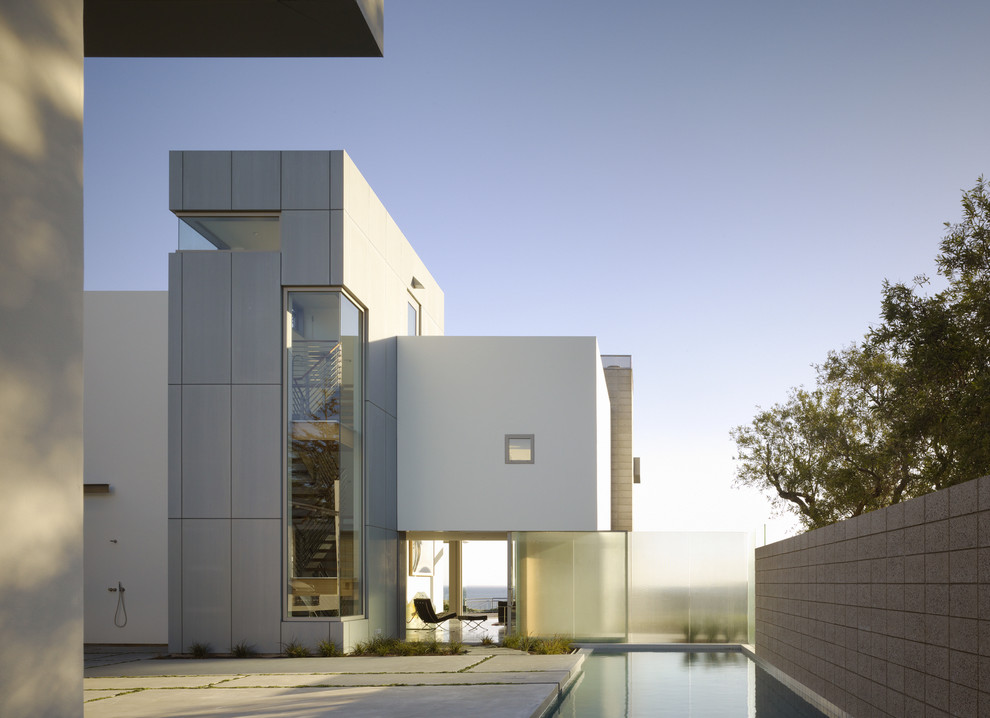 Immagine della facciata di una casa moderna con rivestimento in metallo e tetto piano