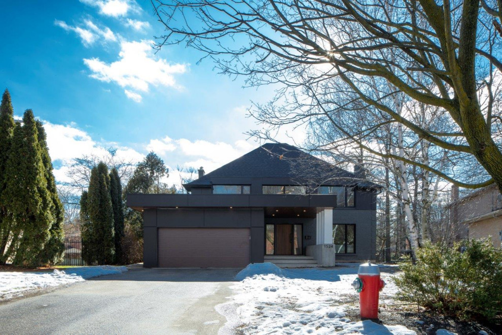 Großes, Zweistöckiges Modernes Einfamilienhaus mit Faserzement-Fassade, schwarzer Fassadenfarbe und Flachdach in Sonstige