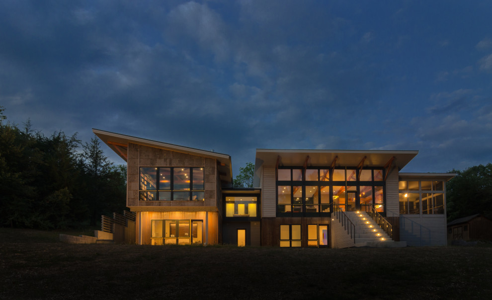 Diseño de fachada de casa moderna de tamaño medio de dos plantas con revestimiento de madera, tejado de un solo tendido y tejado de metal