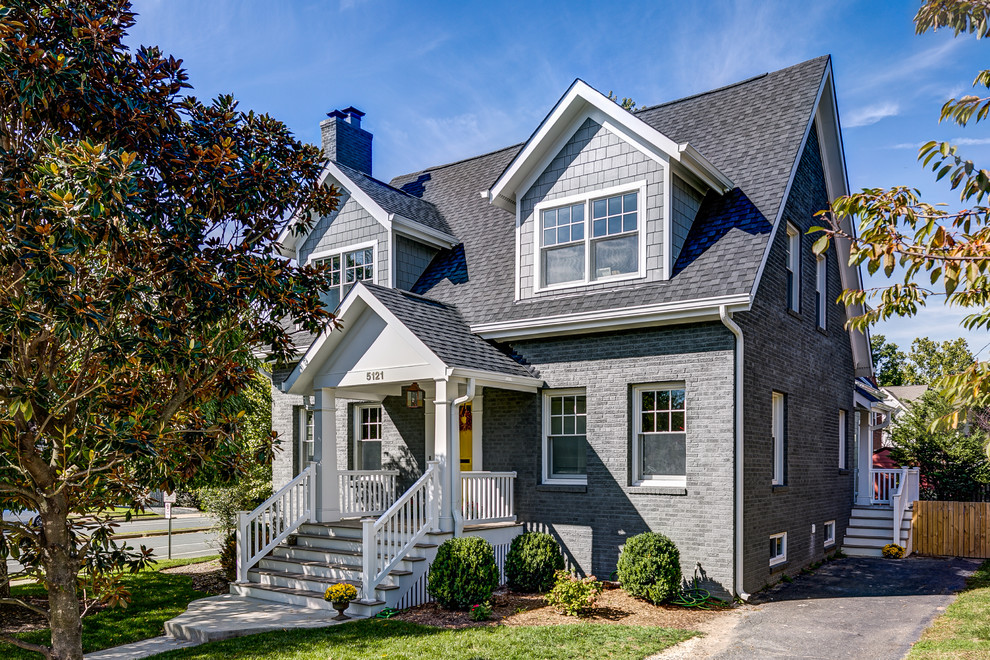 Mid-sized arts and crafts gray two-story mixed siding gable roof photo in Orange County