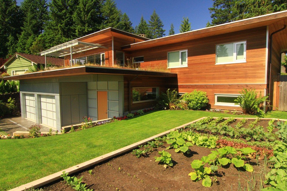 Ispirazione per la facciata di una casa marrone moderna a due piani di medie dimensioni con rivestimento in legno e tetto piano
