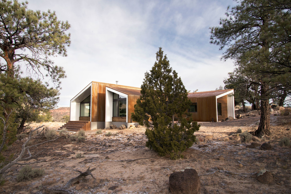 Réalisation d'une petite façade de maison métallique minimaliste de plain-pied avec un toit en appentis.