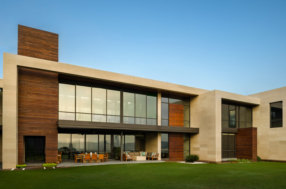 This is an example of a modern house exterior with wood cladding.