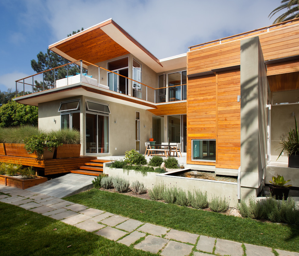 Trendy gray two-story wood exterior home photo in San Diego