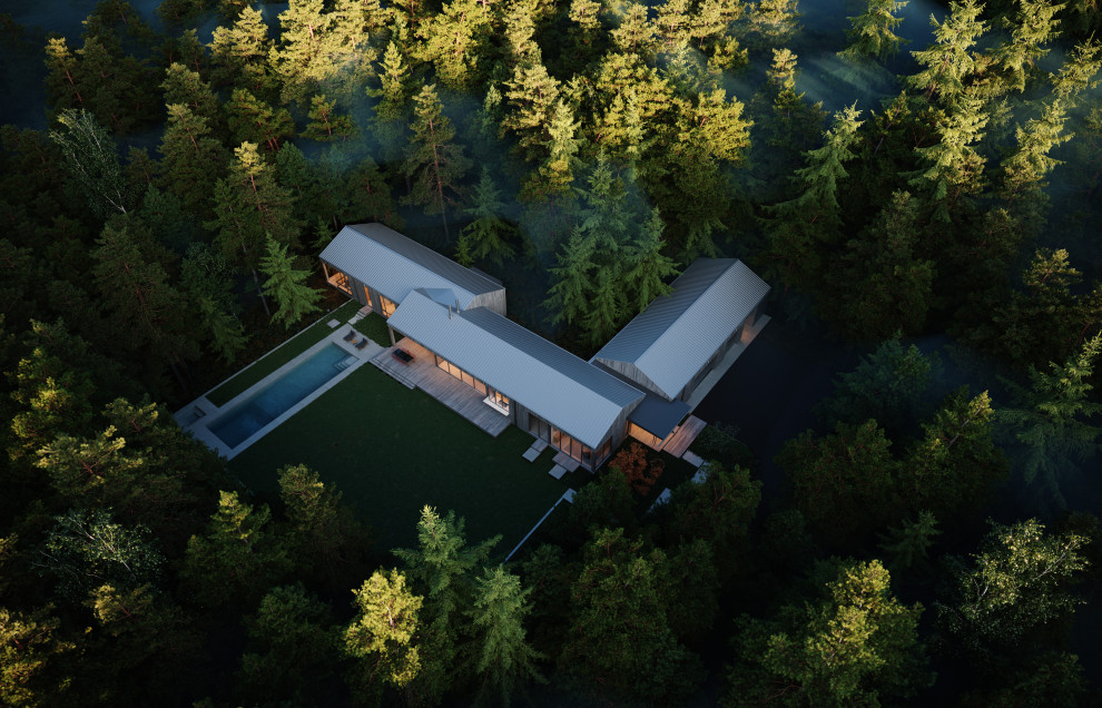 Idée de décoration pour une grande façade de maison minimaliste en bois de plain-pied avec un toit en métal.