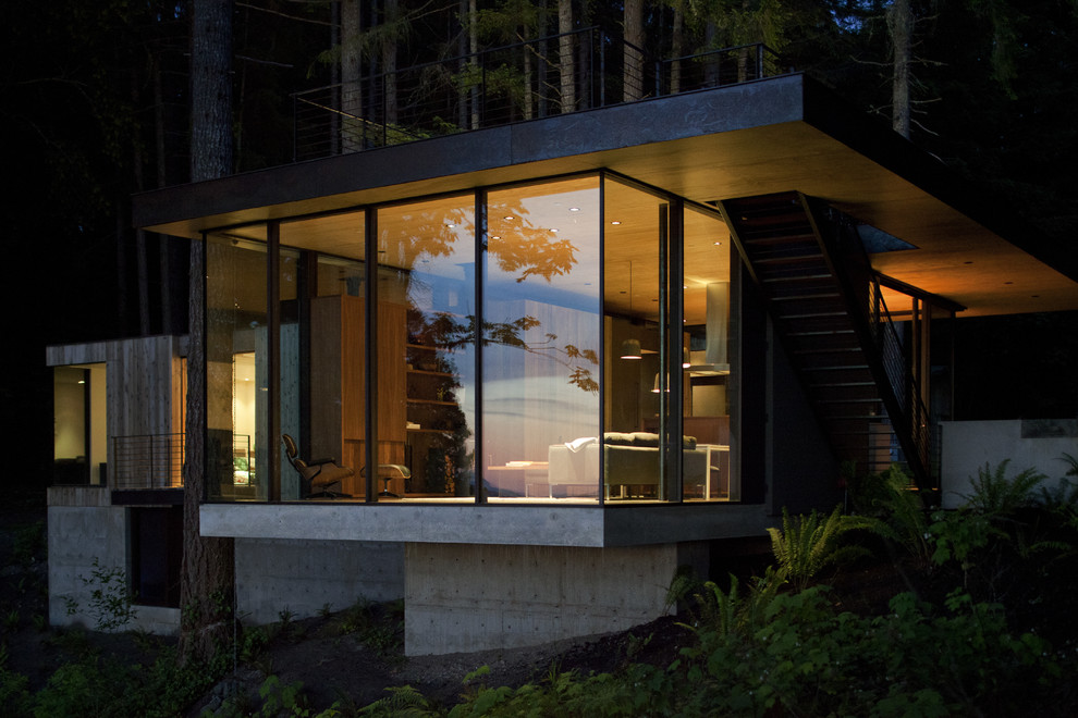 Imagen de fachada minimalista con revestimiento de vidrio y tejado plano