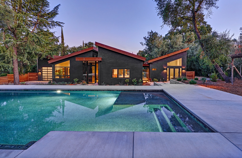 Huge trendy black one-story house exterior photo in Sacramento