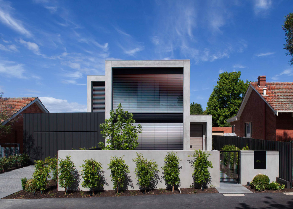 Idee per la villa grigia contemporanea a due piani con tetto piano e abbinamento di colori