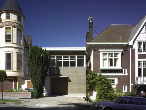 Inspiration for a small modern brown two-story wood exterior home remodel in San Francisco