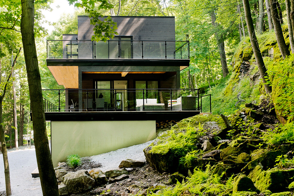 Inspiration pour une façade de maison design en bois de taille moyenne et à deux étages et plus.