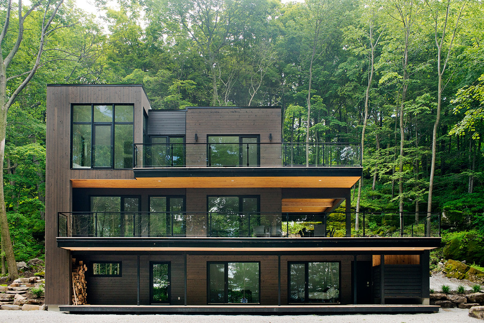 Inspiration for a medium sized and brown contemporary house exterior in Montreal with three floors, wood cladding and a flat roof.