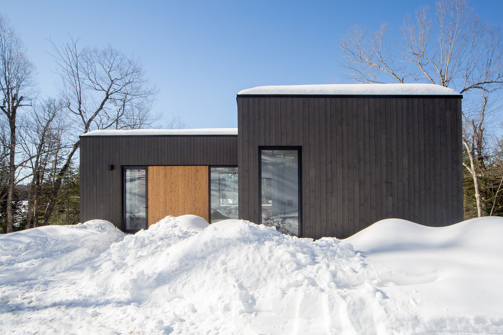 Ejemplo de fachada de casa negra contemporánea de tamaño medio de dos plantas con revestimiento de madera, tejado plano y tejado de varios materiales