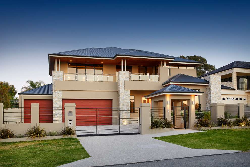 Beige contemporary house exterior in Perth with three floors and stone cladding.