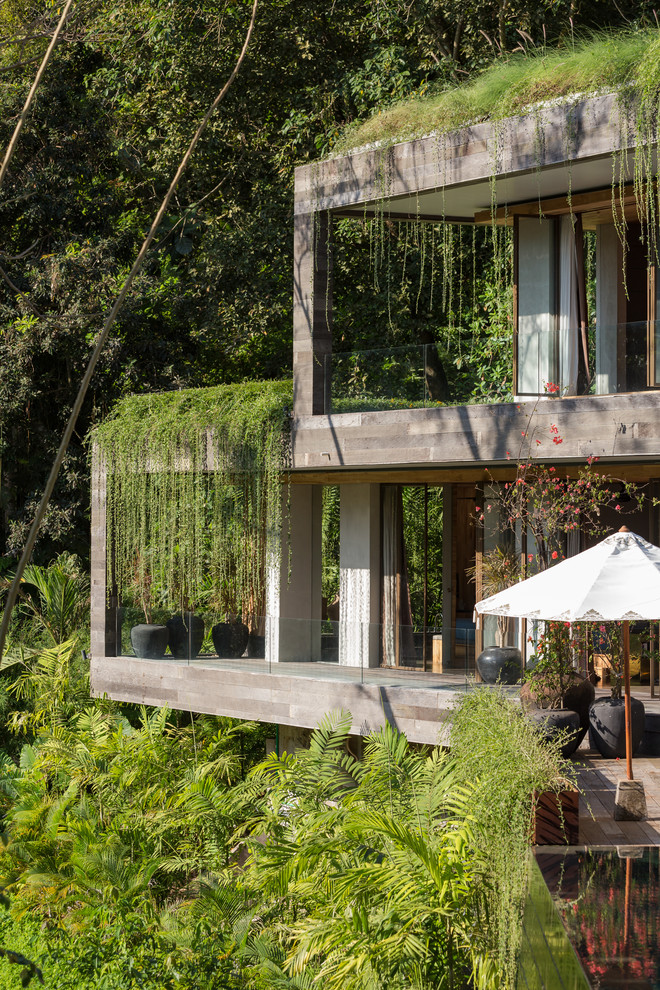 Foto della villa grigia tropicale a due piani con tetto piano e copertura verde