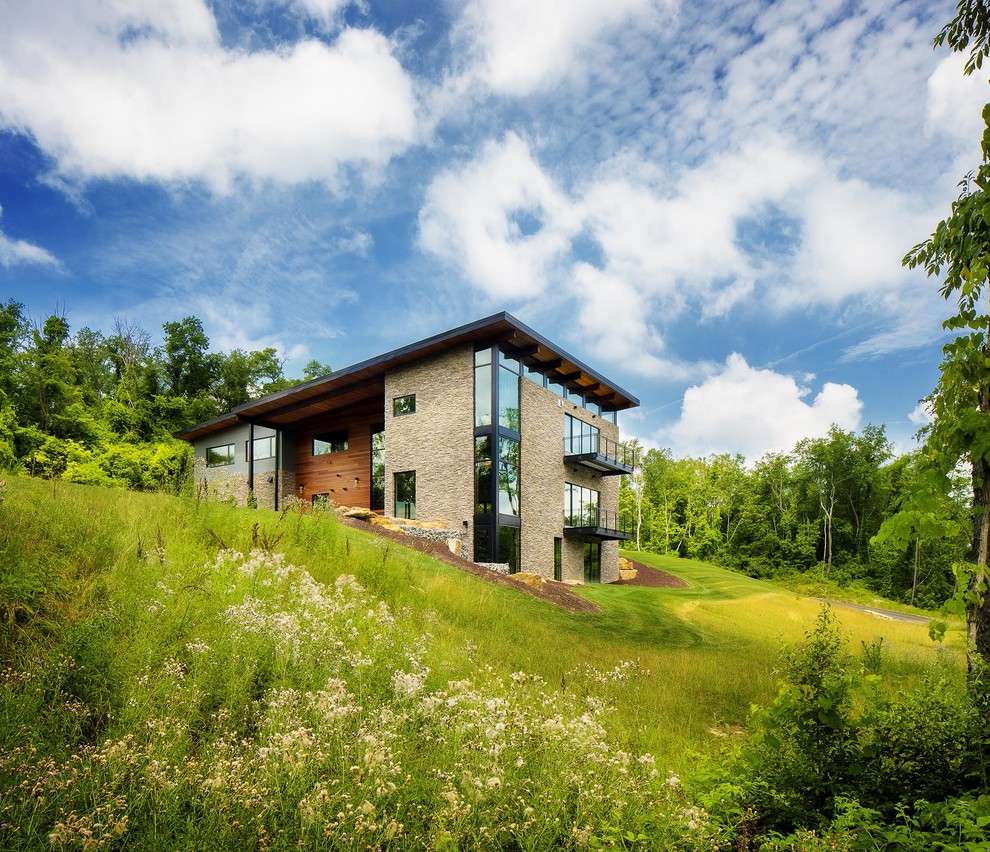 Идея дизайна: большой, трехэтажный, разноцветный частный загородный дом в стиле модернизм с комбинированной облицовкой, односкатной крышей и зеленой крышей