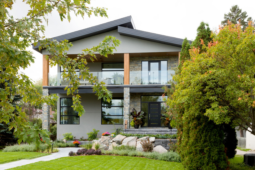 Cette photo montre une grande façade de maison grise tendance à un étage avec un revêtement mixte, un toit en appentis, un toit en métal et un toit noir.