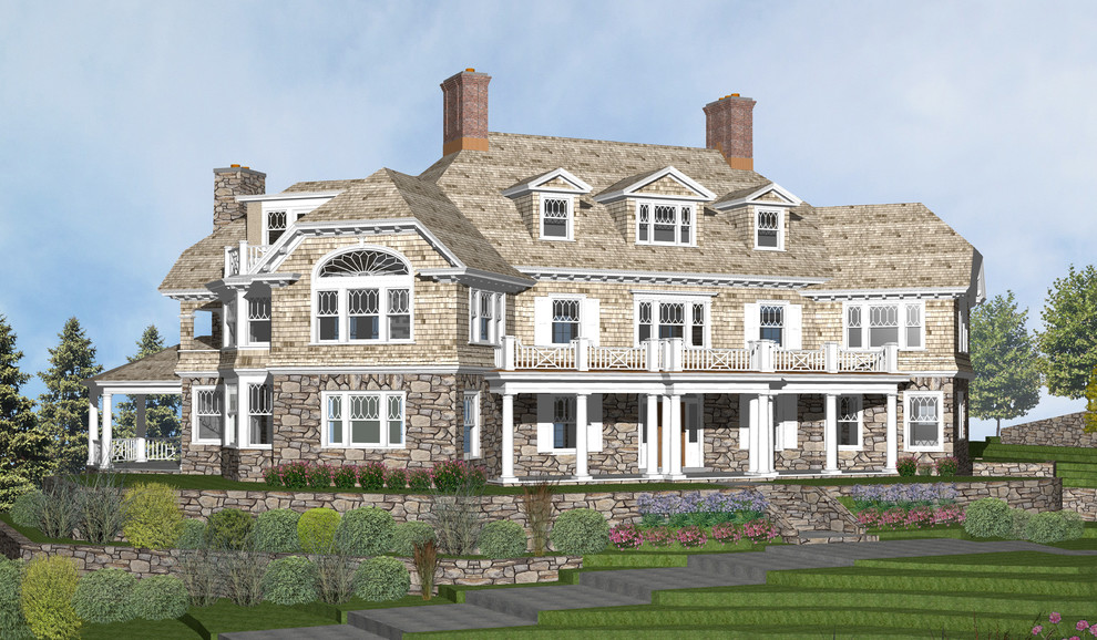 Idee per la villa ampia stile marinaro a tre piani con rivestimento in legno e copertura a scandole