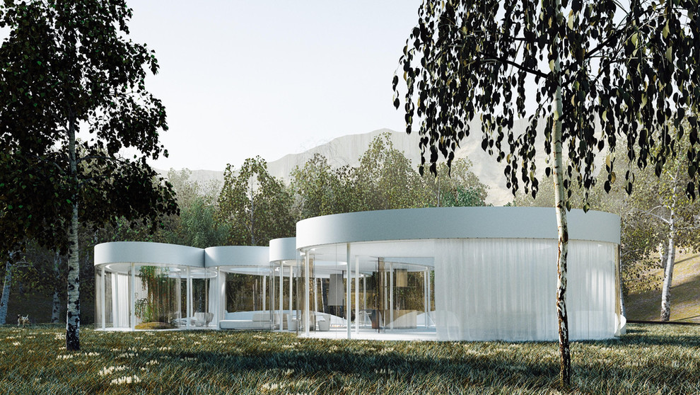 Inspiration för mellanstora moderna hus, med allt i ett plan och glasfasad