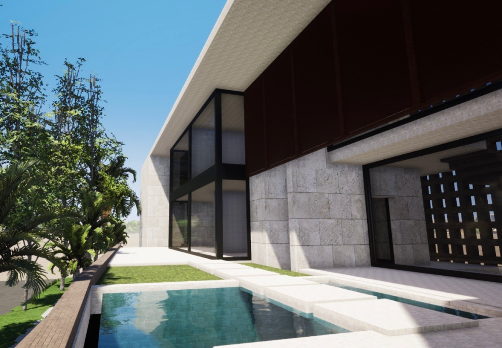 Ispirazione per la villa grande beige contemporanea a tre piani con rivestimento in pietra, tetto piano e copertura verde