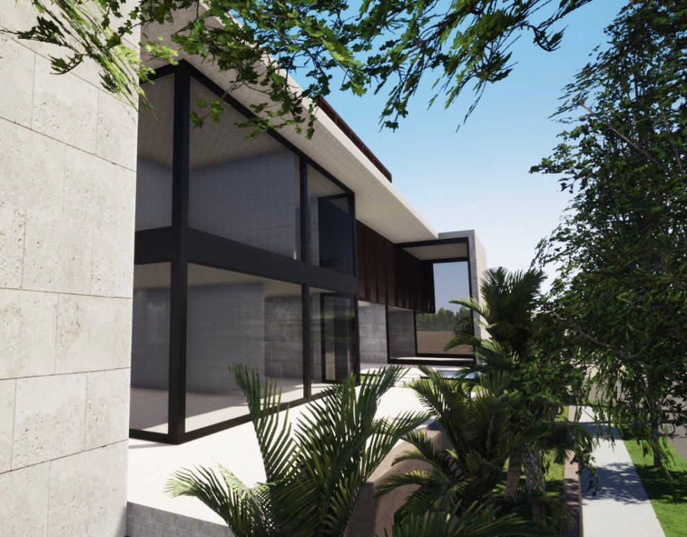 Стильный дизайн: большой, трехэтажный, бежевый частный загородный дом в современном стиле с облицовкой из камня, плоской крышей и зеленой крышей - последний тренд
