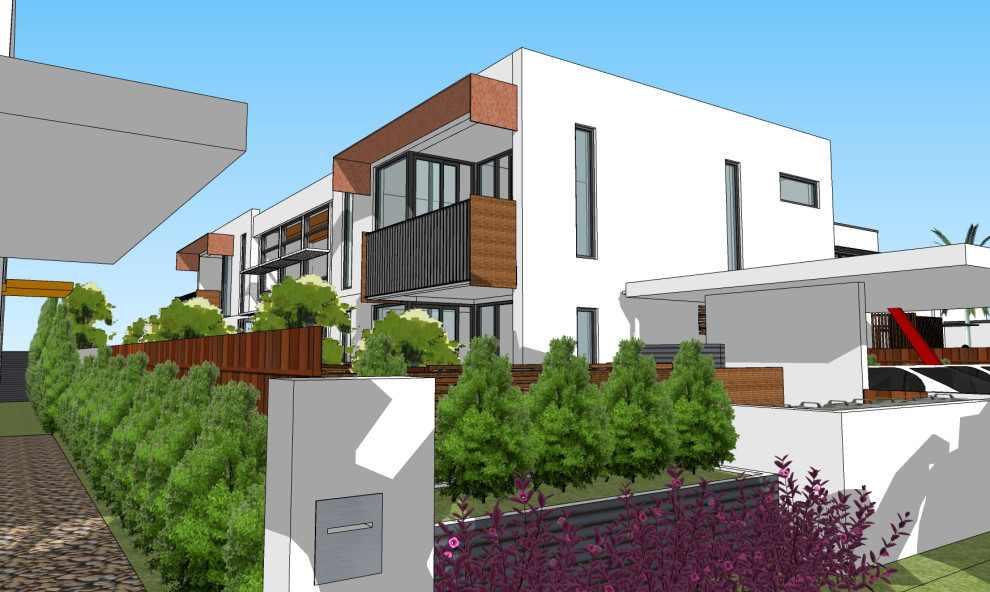 Kleine, Zweistöckige Moderne Doppelhaushälfte mit gestrichenen Ziegeln, weißer Fassadenfarbe, Flachdach und Blechdach in Sunshine Coast