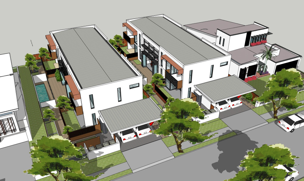 Idéer för små funkis vita flerfamiljshus, med två våningar, platt tak och tak i metall