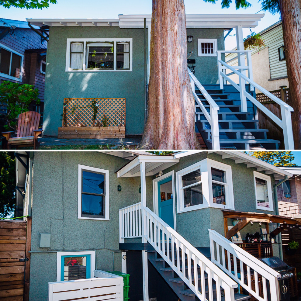 Kleines, Zweistöckiges Shabby-Style Einfamilienhaus mit Putzfassade, grüner Fassadenfarbe und Schindeldach in Vancouver