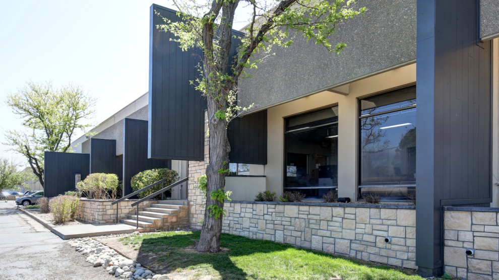 Mittelgroßes, Zweistöckiges Industrial Wohnung mit Faserzement-Fassade, schwarzer Fassadenfarbe, Flachdach und Ziegeldach in Denver