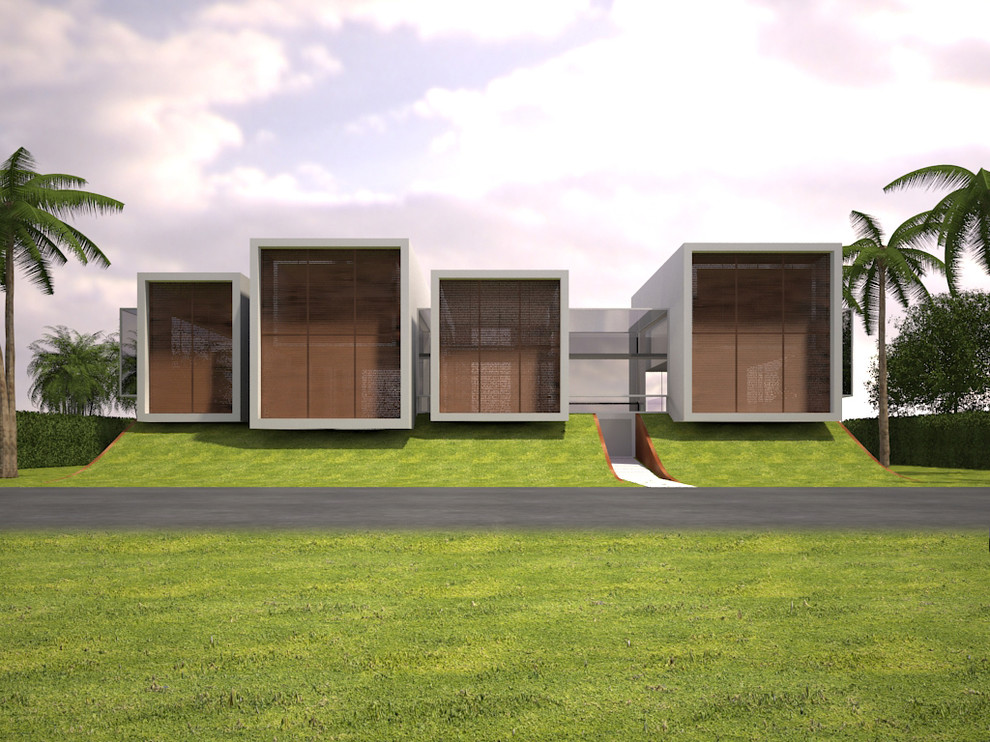 Стильный дизайн: двухэтажный, серый дом среднего размера в морском стиле с облицовкой из бетона и плоской крышей - последний тренд