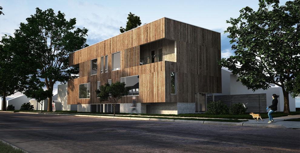 Идея дизайна: трехэтажный, деревянный, коричневый дом среднего размера в стиле модернизм с плоской крышей