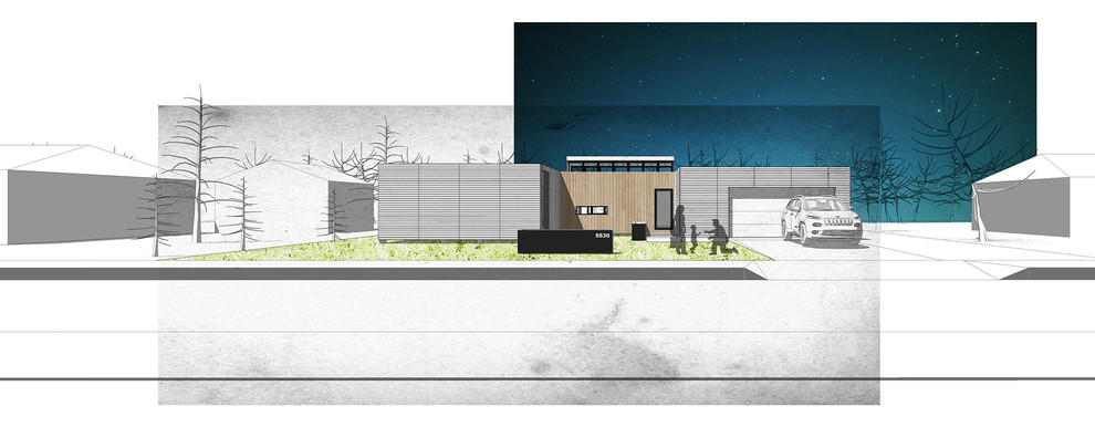 Идея дизайна: одноэтажный, черный дом среднего размера, из контейнеров, из контейнеров в стиле модернизм с комбинированной облицовкой и плоской крышей