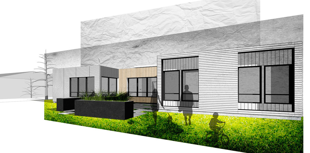 Idée de décoration pour une façade de maison container noire minimaliste de taille moyenne et de plain-pied avec un revêtement mixte et un toit plat.
