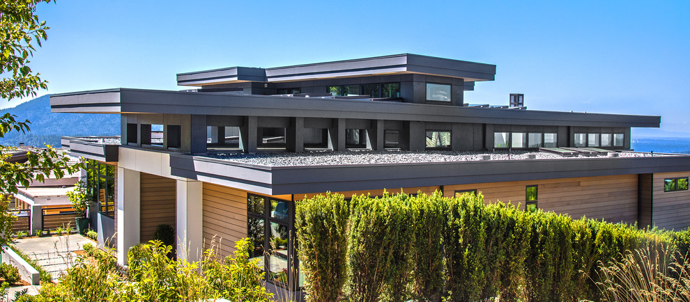 Cette photo montre une grande façade de maison multicolore tendance à un étage avec un revêtement mixte, un toit plat et un toit en métal.