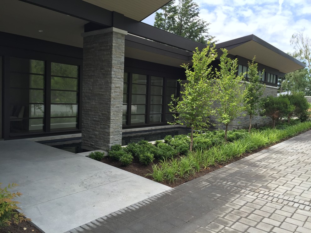 Imagen de fachada gris moderna de tamaño medio de una planta con revestimiento de vinilo y tejado de un solo tendido