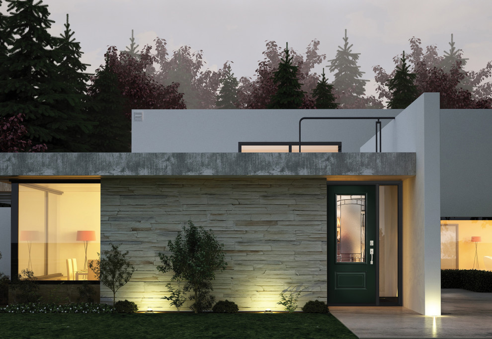 На фото: двухэтажный, серый частный загородный дом среднего размера в современном стиле с облицовкой из камня и плоской крышей