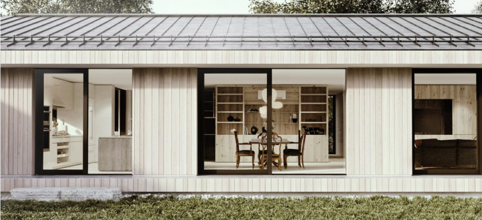 Стильный дизайн: одноэтажный, деревянный, белый дом среднего размера в современном стиле с односкатной крышей - последний тренд