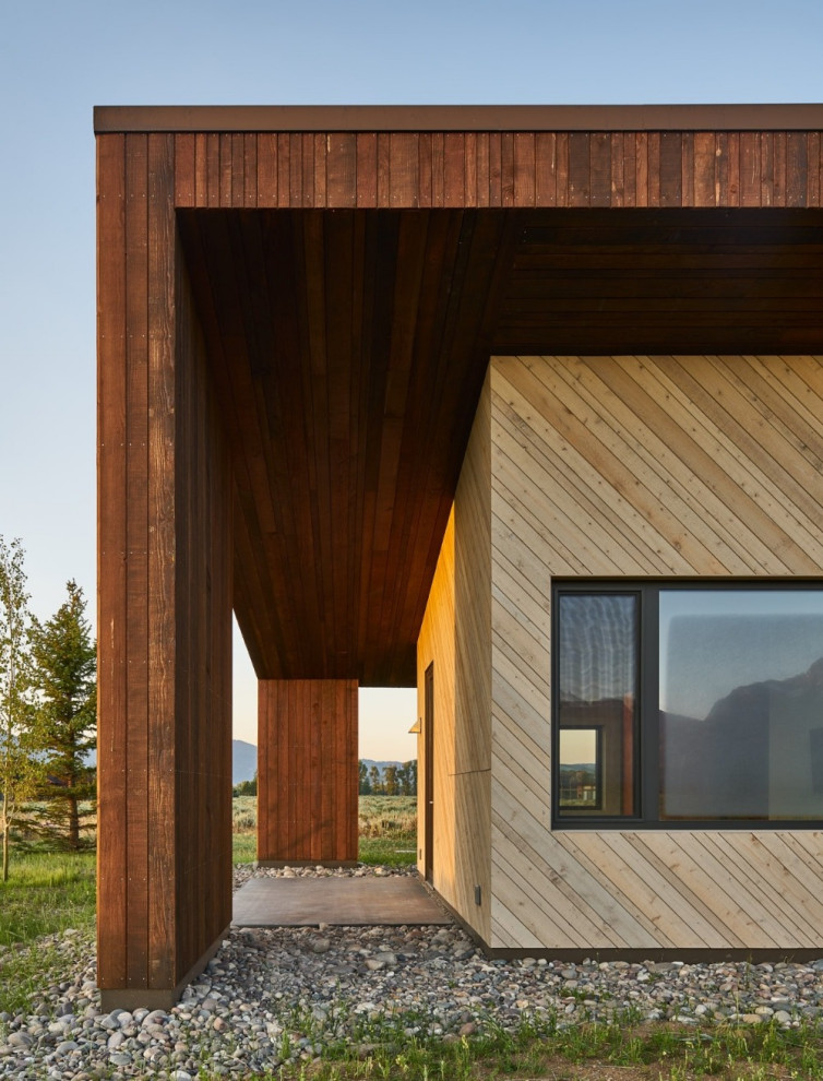 Aménagement d'une façade de maison marron contemporaine en bois.