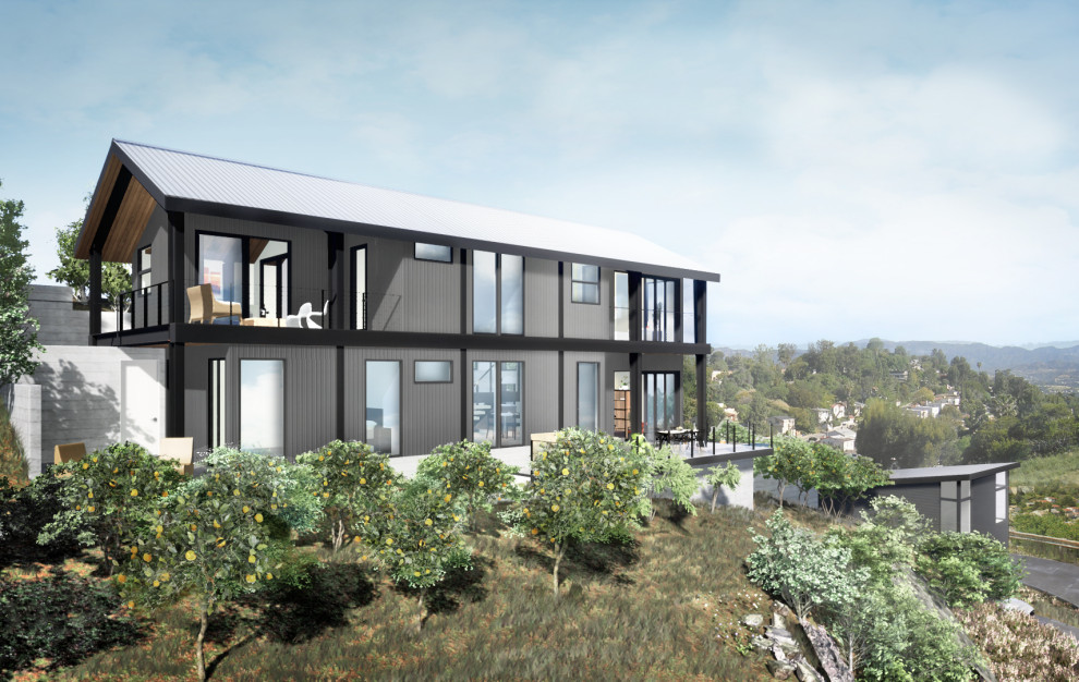 Mittelgroßes, Zweistöckiges Modernes Einfamilienhaus mit Metallfassade, grauer Fassadenfarbe, Satteldach und Blechdach in Los Angeles