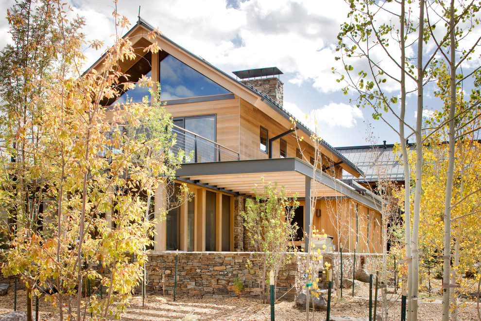 Inspiration pour une grande façade de maison marron minimaliste à un étage avec un revêtement mixte et un toit à deux pans.