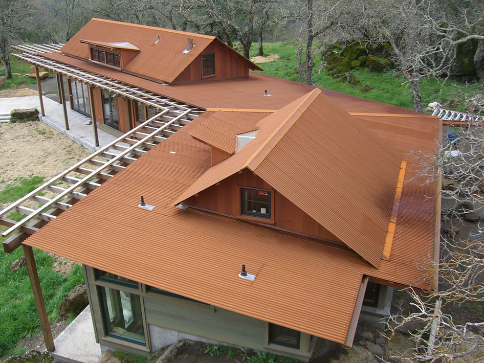Idéer för att renovera ett rustikt brunt hus, med metallfasad