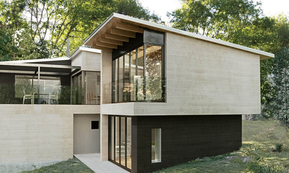 Mittelgroße, Zweistöckige Moderne Holzfassade Haus mit Pultdach in Montreal