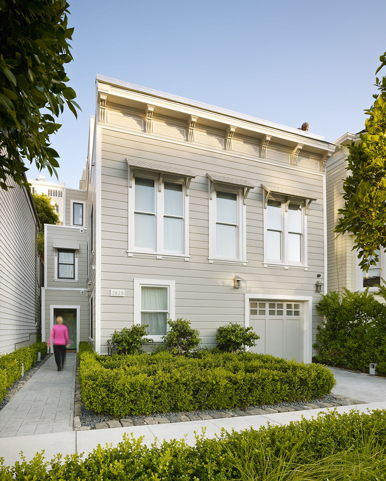 Traditional house exterior in San Francisco with wood cladding.