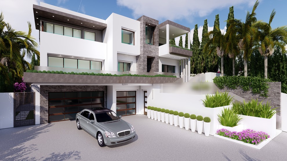 Großes, Zweistöckiges Modernes Einfamilienhaus mit Mix-Fassade, weißer Fassadenfarbe, Flachdach und Misch-Dachdeckung in Los Angeles