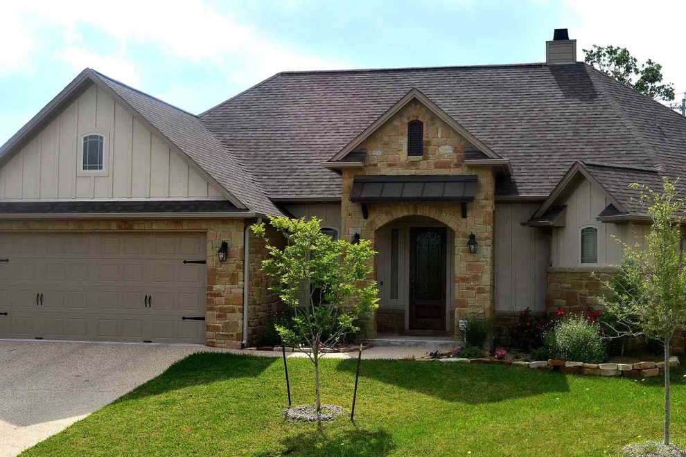Craftsman Exterior with Board and Batten Siding, Sandstone Craftsman Exterior with Board and Batten Siding, Sandstone