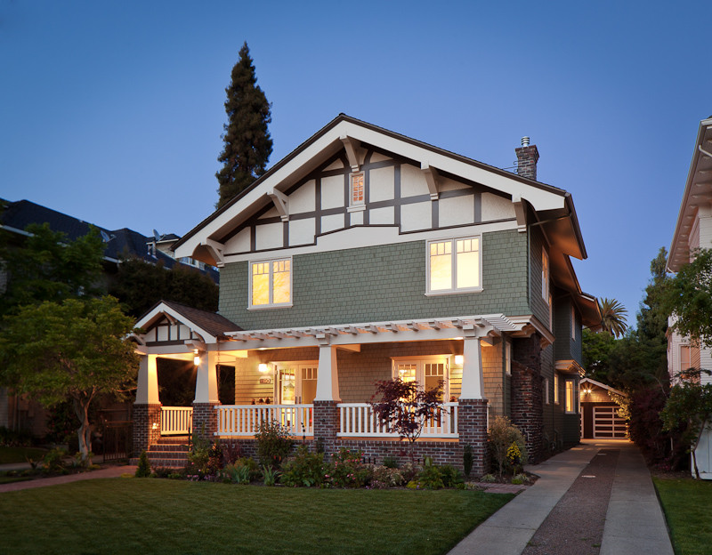 Huge craftsman green three-story mixed siding exterior home idea in San Francisco