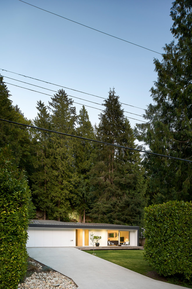 Cette photo montre une façade de maison blanche rétro en panneau de béton fibré de plain-pied avec un toit plat et un toit en métal.