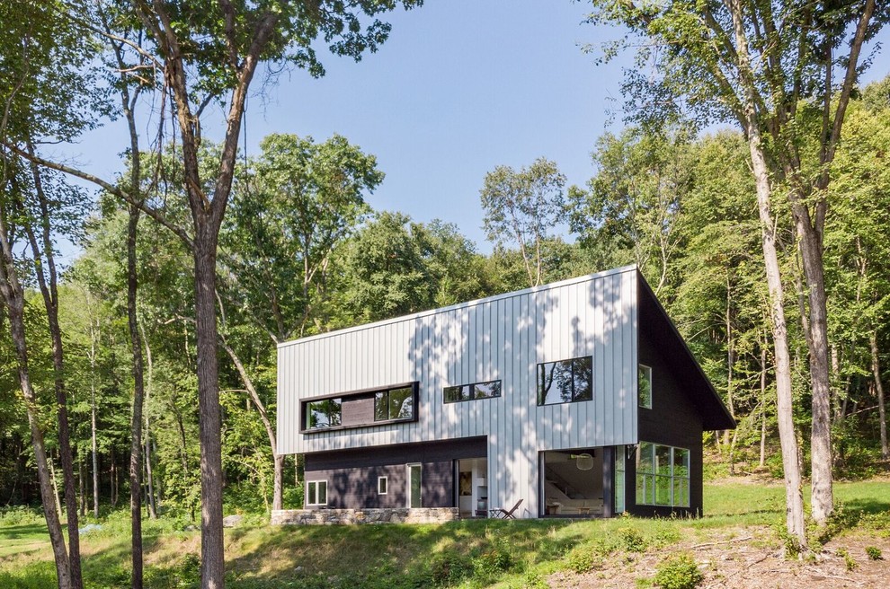 Inspiration pour une façade de maison métallique et grise minimaliste de taille moyenne et à un étage avec un toit en appentis et un toit en métal.